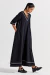 Shop_THREE_Black Jumpsuit Handloom Cotton Striped V Neck Wide Leg With Scarf _Online_at_Aza_Fashions