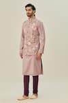 Aryavir Malhotra_Pink Cotton Viscose Embroidered Thread Nehru Jacket With Kurta _Online_at_Aza_Fashions