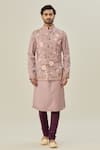 Aryavir Malhotra_Pink Cotton Viscose Embroidered Thread Nehru Jacket With Kurta _at_Aza_Fashions