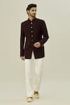 Aryavir Malhotra_Wine Japanese Polyester Plain Pintuck Bandhgala And Pant Set _Online_at_Aza_Fashions