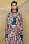 Shop_Samyukta Singhania_Multi Color Pure Chinon Printed Floral Blouse Round Gathered Lehenga Cape Set_Online_at_Aza_Fashions