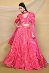 Buy_Samyukta Singhania_Pink Pure Chinon Printed Leaf Scalloped Neck Gathered Lehenga Blouse Set _at_Aza_Fashions