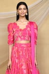 Shop_Samyukta Singhania_Pink Pure Chinon Printed Leaf Scalloped Neck Gathered Lehenga Blouse Set _Online_at_Aza_Fashions