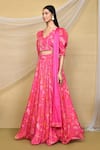 Samyukta Singhania_Pink Pure Chinon Printed Leaf Scalloped Neck Gathered Lehenga Blouse Set _at_Aza_Fashions