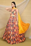 Buy_Samyukta Singhania_Yellow Pure Chinon Printed Floral V Neck Gathered Lehenga Set With Solid Dupatta_at_Aza_Fashions