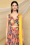 Shop_Samyukta Singhania_Yellow Pure Chinon Printed Floral V Neck Gathered Lehenga Set With Solid Dupatta_Online_at_Aza_Fashions