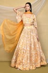 Buy_Samyukta Singhania_Yellow Pure Chinon Printed Floral Blunt V Neck Flared Sleeve Blouse Lehenga Set _at_Aza_Fashions