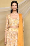 Shop_Samyukta Singhania_Yellow Pure Chinon Printed Floral Blunt V Neck Flared Sleeve Blouse Lehenga Set _Online_at_Aza_Fashions