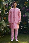 Buy_Shyam Narayan Prasad_Pink Cotton Silk Hand Block Printed Floral Waistcoat Kurta Set _at_Aza_Fashions