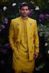 Buy_Shyam Narayan Prasad_Gold Cotton Silk Hand Block Printed Floral Jacket Kurta Set _Online_at_Aza_Fashions
