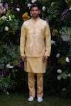 Shop_Shyam Narayan Prasad_Yellow Cotton Silk Patchwork Embroidered Floral Waistcoat Kurta Set _Online_at_Aza_Fashions