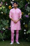 Shop_Shyam Narayan Prasad_Pink Cotton Silk Patchwork Embroidered Floral Waistcoat Kurta Set 