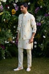 Buy_Shyam Narayan Prasad_White Chanderi Hand Block Printed Floral Pattern Waistcoat Kurta Set _at_Aza_Fashions