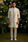 Shyam Narayan Prasad_White Chanderi Hand Block Printed Floral Pattern Waistcoat Kurta Set _Online_at_Aza_Fashions