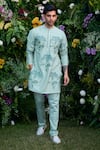 Buy_Shyam Narayan Prasad_Blue Chanderi Hand Block Printed Floral Pattern Kurta And Trouser Set _at_Aza_Fashions