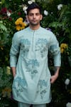 Shyam Narayan Prasad_Blue Chanderi Hand Block Printed Floral Pattern Kurta And Trouser Set _Online_at_Aza_Fashions