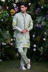 Buy_Shyam Narayan Prasad_Green Chanderi Hand Block Printed Floral Waistcoat Kurta Set _at_Aza_Fashions