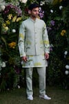 Shop_Shyam Narayan Prasad_Green Chanderi Hand Block Printed Floral Waistcoat Kurta Set _at_Aza_Fashions