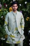 Shyam Narayan Prasad_Green Chanderi Hand Block Printed Floral Waistcoat Kurta Set _Online_at_Aza_Fashions