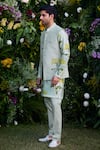 Shop_Shyam Narayan Prasad_Green Chanderi Hand Block Printed Floral Waistcoat Kurta Set _Online_at_Aza_Fashions