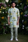 Shop_Shyam Narayan Prasad_Green Chanderi Hand Block Printed Floral Kurta And Trouser Set  _at_Aza_Fashions