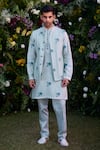 Buy_Shyam Narayan Prasad_Blue Chanderi Hand Block Printed Floral Waistcoat Kurta Set _at_Aza_Fashions