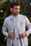 Shyam Narayan Prasad_Blue Chanderi Hand Block Printed Floral Waistcoat Kurta Set _at_Aza_Fashions