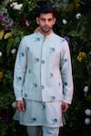 Buy_Shyam Narayan Prasad_Blue Chanderi Hand Block Printed Floral Waistcoat Kurta Set 