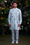 Shop_Shyam Narayan Prasad_Blue Chanderi Hand Block Printed Floral Kurta And Trouser Set  _at_Aza_Fashions