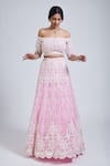 NIMA FASHIONS_Pink Net Hand Embroidered Flowers Off Shoulder Blouse And Lehenga Set _Online_at_Aza_Fashions