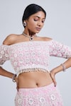 Buy_NIMA FASHIONS_Pink Net Hand Embroidered Flowers Off Shoulder Blouse And Lehenga Set _Online_at_Aza_Fashions