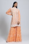 Buy_NIMA FASHIONS_Peach Net Hand Embroidered Sequins High Collar Kurta And Sharara Set _at_Aza_Fashions