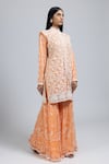 NIMA FASHIONS_Peach Net Hand Embroidered Sequins High Collar Kurta And Sharara Set _Online_at_Aza_Fashions