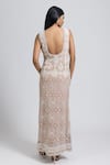 Shop_NIMA FASHIONS_Beige Net Hand Embroidered Pearls Round Maxi Dress_at_Aza_Fashions