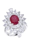 Shop_DIOSA PARIS JEWELLERY_Red Swarovski Zirconia Floral Ruby Embellished Ring _at_Aza_Fashions