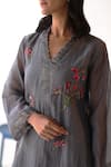 Buy_Begum_Grey Kurta Chanderi Silk Hand Embroidered Floral V Neck Nishat Set  _Online_at_Aza_Fashions