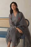 Shop_Begum_Grey Kurta Chanderi Silk Hand Embroidered Floral V Neck Nishat Set  _Online_at_Aza_Fashions