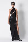 Buy_431-88 By Shweta Kapur_Black Liquid Jersey Asymmetric Cut Out Slee Draped Saree Gown  _at_Aza_Fashions