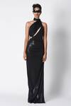431-88 By Shweta Kapur_Black Liquid Jersey Asymmetric Cut Out Slee Draped Saree Gown  _Online_at_Aza_Fashions