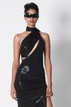 Buy_431-88 By Shweta Kapur_Black Liquid Jersey Asymmetric Cut Out Slee Draped Saree Gown  _Online_at_Aza_Fashions