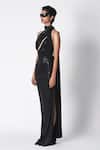 431-88 By Shweta Kapur_Black Liquid Jersey Asymmetric Cut Out Slee Draped Saree Gown  _at_Aza_Fashions
