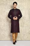 Buy_Arihant Rai Sinha_Wine Cotton, Silk Woven Embroidered Placket Kurta And Churidar Set _at_Aza_Fashions