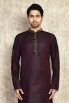Shop_Arihant Rai Sinha_Wine Cotton, Silk Woven Embroidered Placket Kurta And Churidar Set _Online_at_Aza_Fashions