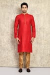 Buy_Arihant Rai Sinha_Red Cotton, Silk Embroidery Placket Kurta And Churidar Set _Online_at_Aza_Fashions