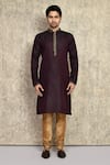 Buy_Arihant Rai Sinha_Wine Kurta Cotton Silk Woven And Churidar Set _Online_at_Aza_Fashions