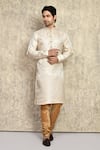 Buy_Arihant Rai Sinha_Cream Silk, Chanderi Geometric Pattern Straight Woven Kurta And Churidar Set _at_Aza_Fashions