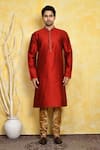Buy_Arihant Rai Sinha_Red Kurta Art Silk Woven Embroidered Placket And Churidar Set _Online_at_Aza_Fashions