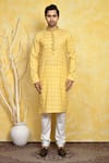 Buy_Arihant Rai Sinha_Yellow Kurta Cotton Printed Hashtag Mandarin Collar Set _Online_at_Aza_Fashions