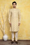 Buy_Arihant Rai Sinha_Yellow , Satin Embroidery Ikat Print Kurta Set _Online_at_Aza_Fashions