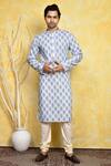 Buy_Arihant Rai Sinha_Blue Cotton Embroidery Ikat Print Kurta Set _at_Aza_Fashions